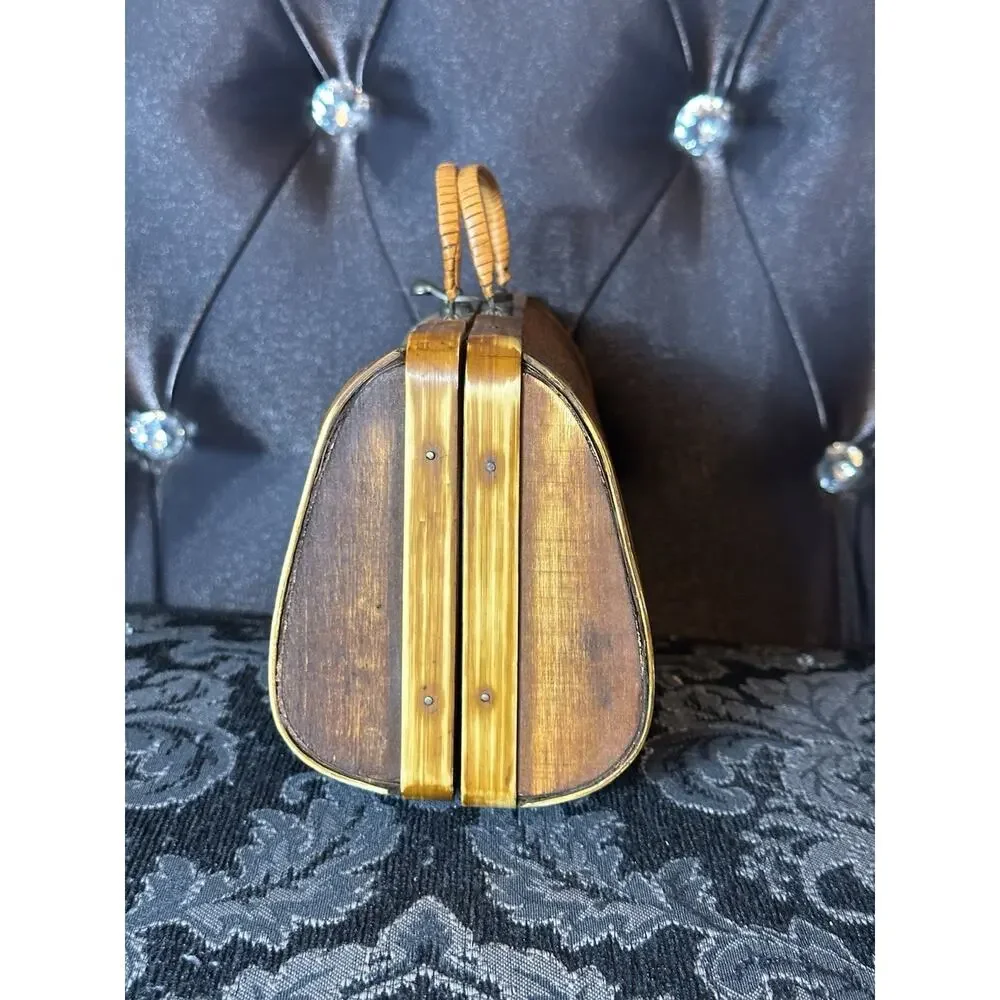 Vintage Hard Wood Shell Woven Brown Purse Hand Bag Ethnic Handmade Boho Coastal